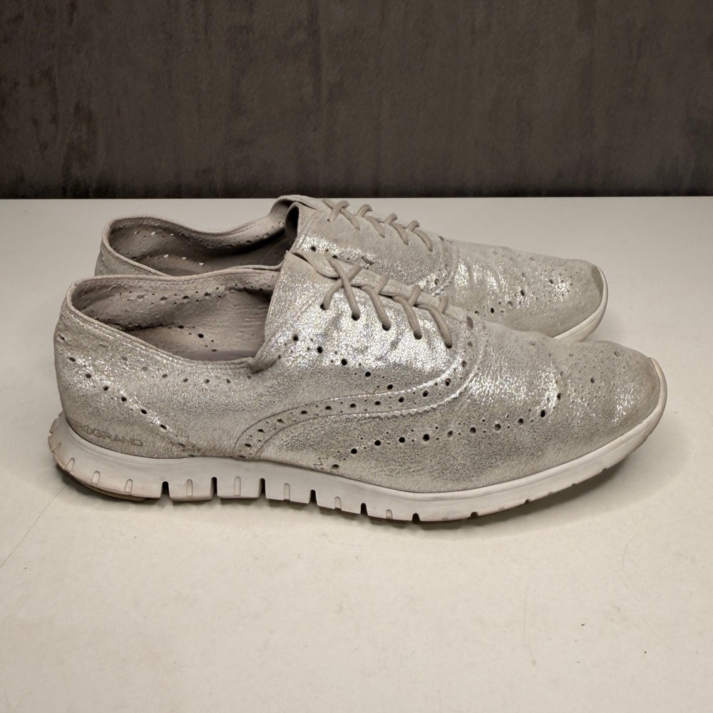 Cole Haan Zerogrand Wingtip Oxford Womens 9.5B Silver Metallic W10445 Brogue